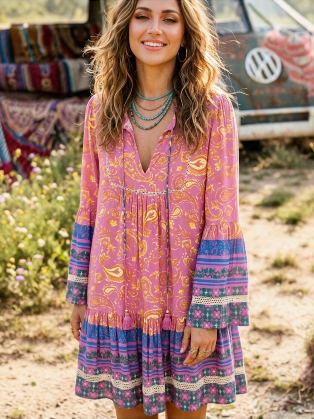 Coco + Carmen Boho Paisley Tunic Dress Pink Blue Tassel Tie Size L/XL Hippie